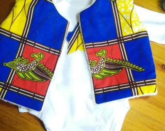 Baby star onesies long sleeve bodysuit vest and reversible bodywarmer in African Ankara print