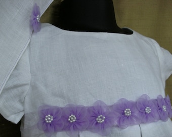 White linen baptism lilac flower trim summer baby infant dress and headscarf