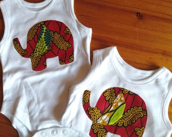 Toddler baby African Ankara wax print Red appliquéd elephant summer party baby shower outfit sleeveless onesie