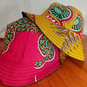 Children&#39;s reversible African print pink mustard Ankara demin summer bright bucket hat Sun hat