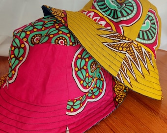 Children's reversible African print pink mustard Ankara demin summer bright bucket hat Sun hat