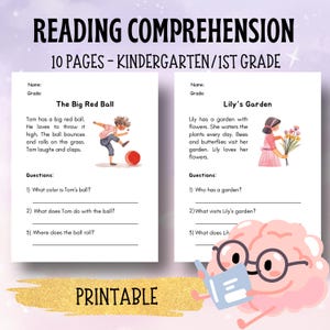 Leseverstehen Arbeitsblätter für Kindergarten & 1.Klasse - Lustige Geschichten mit Fragen - Digitaler Download