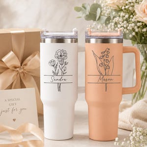 Custom Birth Flower 40oz Tumbler with Handle and Straw, Personalized Name Engraved Cup, Mother’s Day or Birthday Gift for Her, Floral Gift