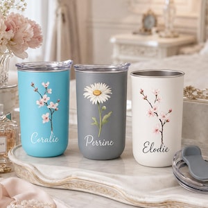 Custom Birth Flower Double Wall Insulated Tumbler, Personalized Name Stainless Steel Mug with Lid, Birthday Floral Gift For Her
