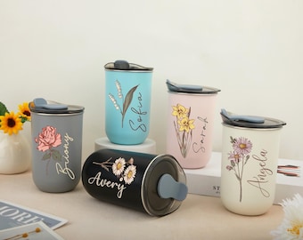 Personalized Stainless Coffee Cup, Bridesmaid Proposal Gift, Wine Tumbler with Lid, Stainless Steel Bottle, Birth Flower Bridesmaid Gift