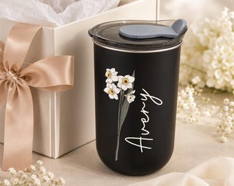 Gepersonaliseerde drinkbeker met naam en geboortebloem, beker om je bruidsmeisjes te vragen, cadeau voor haar tijdens een bruiloft, vrijgezellenfeest of babyshower