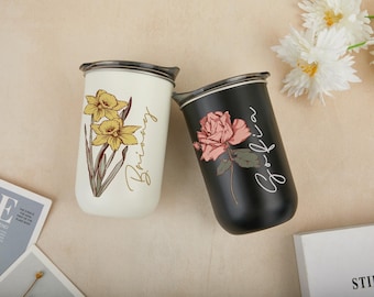 Personalized Stainless Coffee Cup, Bridesmaid Proposal Gift, Wine Tumbler with Lid, Stainless Steel Bottle, Birth Flower Bridesmaid Gift