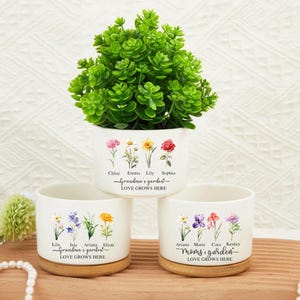 May include: Three white ceramic flower pots with floral designs and the text "Grandma's garden" and "Mom's garden". Each pot has a wooden base. One pot holds a green plant. The text "LOVE GROWS HERE" is also present.