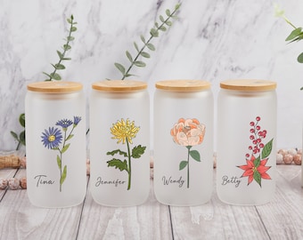 Vaso de café personalizado de 473 ml con diseño floral y nombre, taza de café con tapa y pajita, regalos personalizados para pedidas de mano, taza con diseño floral esmerilado, taza con diseño floral de nacimiento.
