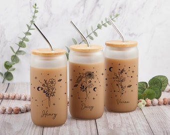 Custom Birth Flower Tumbler with Constellation, Custom Name Glass Coffee Cup, Gifts for Her, Mother&#39;s Day Gift, Bridesmaid Proposal Gift