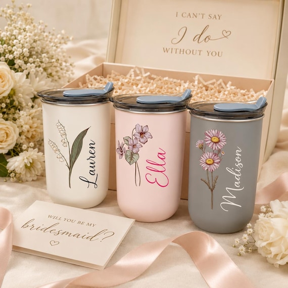 Personalisierte Edelstahl Kaffeetasse, Brautjungfer Vorschlag Geschenk, Weinbecher mit Deckel, Edelstahl Flasche, Geburt Blume Brautjungfer Geschenk