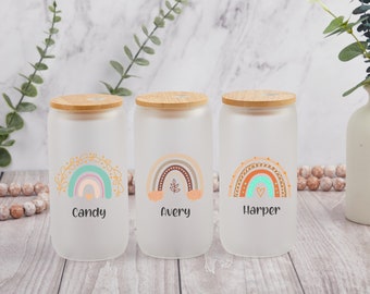 Vaso personalizado arcoíris con nombre, vaso esmerilado arcoíris, regalo para niños, vaso de jugo helado esmerilado, recuerdos para fiestas de cumpleaños, regalo del Día del Niño