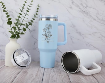 Custom Birth Flower 40oz Tumbler, Personalized Name Engraved 40oz Tumbler with Handle, Bridesmaid Proposal, Gift for friends, Birthday Gift