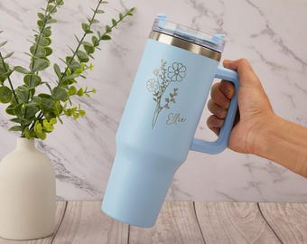Personalized Name 40oz Tumbler with Handle, Custom Engraved 40oz Tumbler with Handle & Straw, Bridesmaid Proposal, Birthday Gift for Her