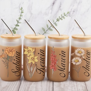 Custom Iced Coffee Frosted Cup, Personalized Glass Can Coffee Cup with Lid and Straw,  Bridesmaid Proposal, Christmas Gift, Gift for Mom