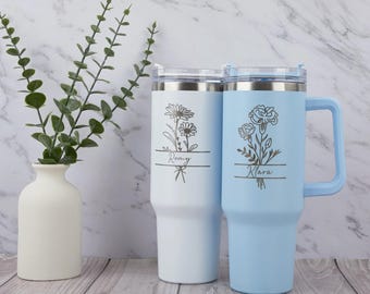 Custom Birth Flower 40oz Tumbler With Name, Personalized Engraved 40oz Tumbler with Handle & Straw, Bridesmaid Proposal, Birthday Gift