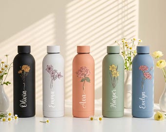 Bottiglia personalizzata con nome e fiore, bicchiere personalizzato con coperchio, bicchiere sottile in acciaio inossidabile, tazza con nome per la proposta di damigella d'onore, tazze da viaggio