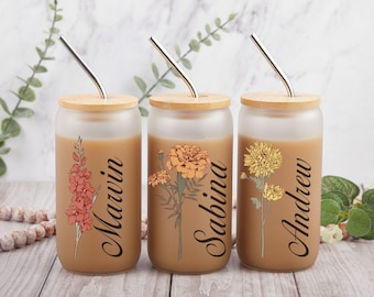 Personalized Iced Coffee Frosted Cup, Glass Can Coffee Cup with Lid and Straw, Elegant Frosted Tumbler For Bridesmaid Gifts