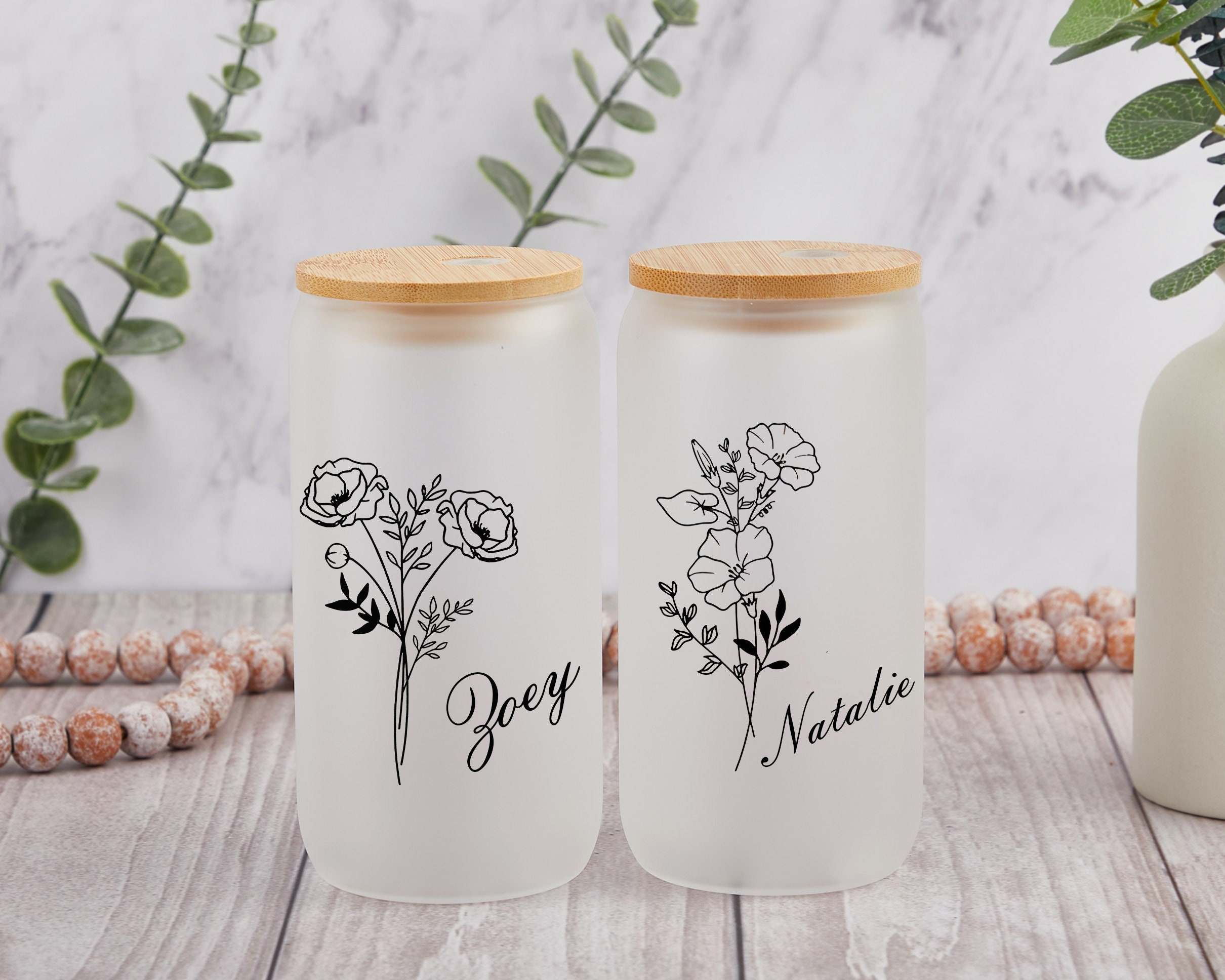 Personalized Birth Flower Tumbler,Birthflower Glass Cup With Lid And Straw,Custom Birth Flower Coffee Cup With Name
