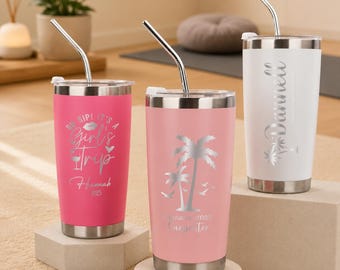 Copo térmico personalizado de 590ml, caneca de viagem gravada sob medida, copo de aço inoxidável, caneca de praia para o verão, presente térmico para viagem entre amigas