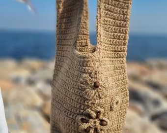 Bolsa de yute con flores hecha a mano, bolsa de mercado grande