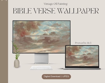 Proverbs 16:3 Christian Desktop Wallpapers, Vintage Nature Prints, Digital Download, Desktop Wallpaper Aesthetic, Bible Verse Wallpaper