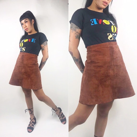 1960's 1970's Suede A Line Mini Skirt • Patchwork