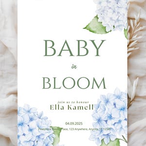 Blue Hydrangea baby shower invite, baby in bloom invite, blue baby shower invitation, editable printable template,  bloom baby shower boy