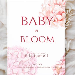 Baby in bloom invitation, babyshower invite, pink Hydrangea, pink baby shower invitation girl, baby in bloom shower, editable invitation