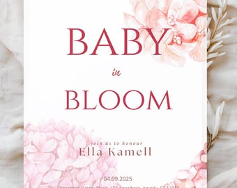 Baby in bloom invitation, babyshower invite, pink Hydrangea, pink baby shower invitation girl, baby in bloom shower, editable invitation