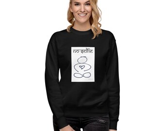 May include: Black sweatshirt with a white graphic. The graphic features the text "no-selfie" above a simple line drawing of a person in a yoga pose with a heart. The sweatshirt is a crew neck style.