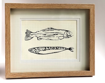 Just a Smackerel Fishes Lino Print | Handmade Original  | Hand Printed | Gift for Fish Lovers | Wall Art | Home Decor | Marine Life