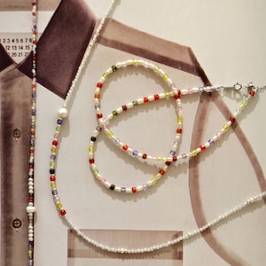 Rainbow Crystal Beaded Necklace with Pearl | Handmade Pastel Layering Choker | Dainty Summer Jewelry Gift for Her