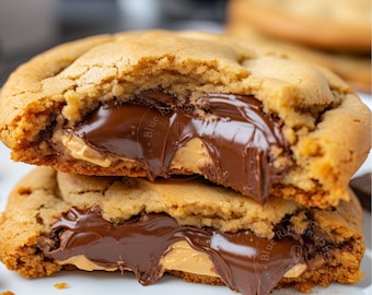 May include: Two chocolate chip cookies filled with chocolate hazelnut spread and peanut butter. The cookies are broken open to show the filling.