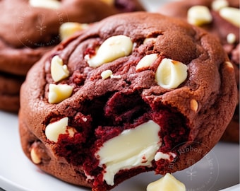 May include: A red velvet cookie with white chocolate chips and a white chocolate center. The cookie is broken in half, revealing the gooey white chocolate filling. The cookie is on a white plate with the text "Blue Ribbon Bakes. Recipes made with love." on the plate.