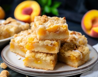 May include: A stack of peach crumble bars with a white glaze on top. The bars are on a white plate with a brown rim. There are peach slices and pecan halves in the background.