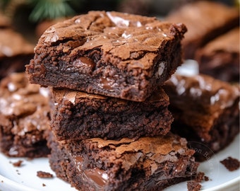 May include: A stack of three chocolate brownies with a fudgy texture and chocolate chips. The brownies are on a white plate.