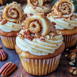 Könnte beinhalten: Nahaufnahme von mehreren Cupcakes mit weißem Zuckerguss, belegt mit einer Zimtschnecke und gehackten Pekannüssen. Die Cupcakes befinden sich in Papierförmchen und stehen auf einer Holzoberfläche. Das Frosting ist gewirbelt und die Zimtschnecken sind glasiert.
