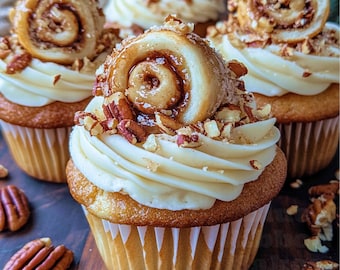 Best Maple Pecan Cinnamon Roll Cupcakes Recipe / Treats and Desserts / Big Cookies / Gourmet / DownloadPDF