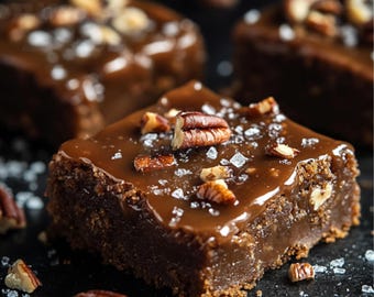 May include: Close-up of a square brownie topped with caramel, pecans, and coarse salt. The brownie is a rich brown color, and the caramel has a glossy appearance. The pecans are scattered across the top, and the salt adds a contrasting texture.