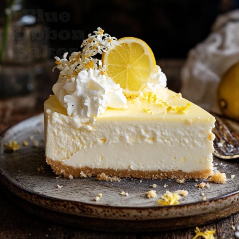 May include: A slice of lemon cheesecake topped with whipped cream and a lemon wedge. The cheesecake is on a gray plate with a brown wooden background.