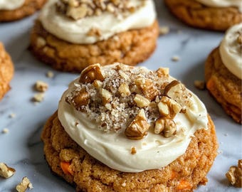 May include: Close-up of a batch of homemade carrot cake cookies topped with a layer of cream cheese frosting and chopped pecans.