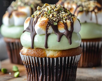 May include: Close-up of a green and chocolate cupcake topped with mini marshmallows, chocolate drizzle, and chopped nuts.