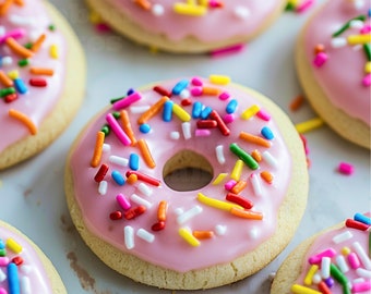 May include: Pink frosted sugar cookies shaped like donuts with colorful sprinkles.