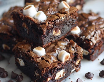 Puede incluir: Una pila de brownies de chocolate cubiertos con mini malvaviscos. Los brownies están sobre una superficie de mármol blanco con chispas de chocolate esparcidas.