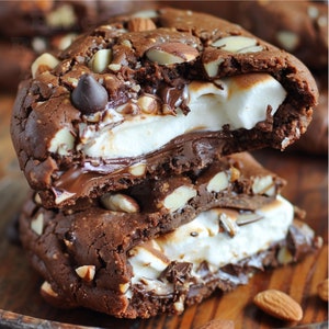 Puede incluir: Dos galletas de chocolate con chips de chocolate, relleno de malvavisco y chocolate, cubiertas con almendras y chips de chocolate.