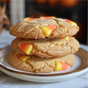 Könnte beinhalten: Ein Stapel von drei Keksen mit Candy Corn oben drauf. Die Kekse sind hellbraun und haben eine leicht knusprige Textur. Das Candy Corn ist gelb, orange und weiß.