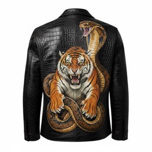Peut inclure: Veste en cuir noir avec un motif crocodile texturé. Le dos de la veste présente une illustration détaillée d'un tigre rugissant entrelacé avec un serpent. Le tigre est orange et noir, et le serpent est marron.