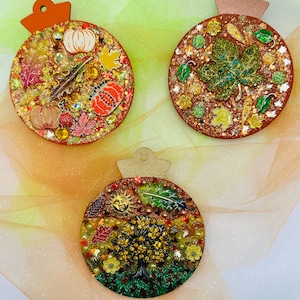 Handmade Autumn Ornaments Set: Rhinestone Leaf & Pumpkin Fall Decor