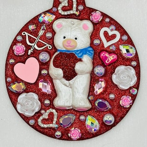 Hand-Painted Ceramic Bear Christmas Ornament: Pearl White, Red Glitter
